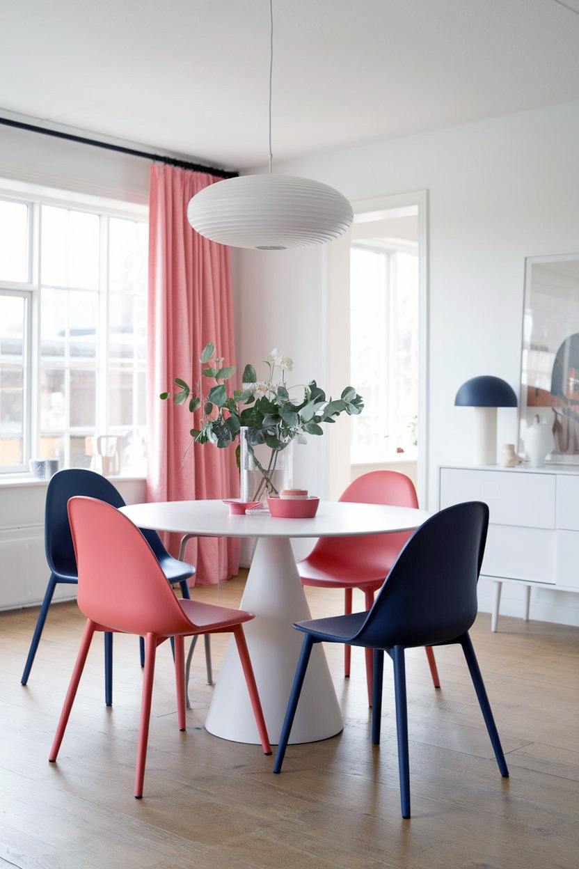 Sophisticated nordic dining room with coral & blue chairs