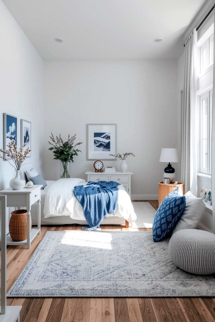 Timeless white and blue bedroom design for a spacious, calm atmosphere