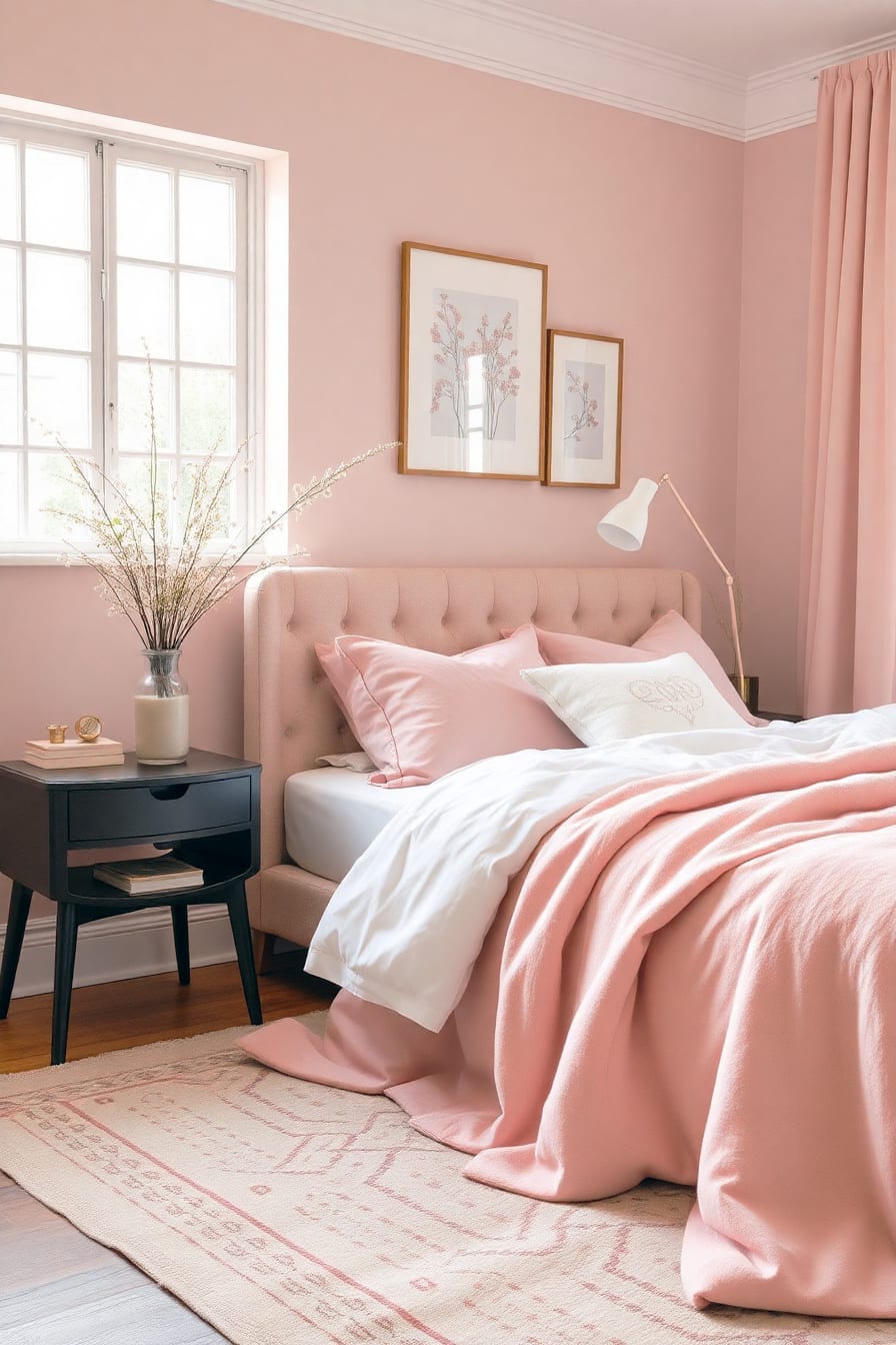 Transform your bedroom into a serene spring retreat with blush pink
