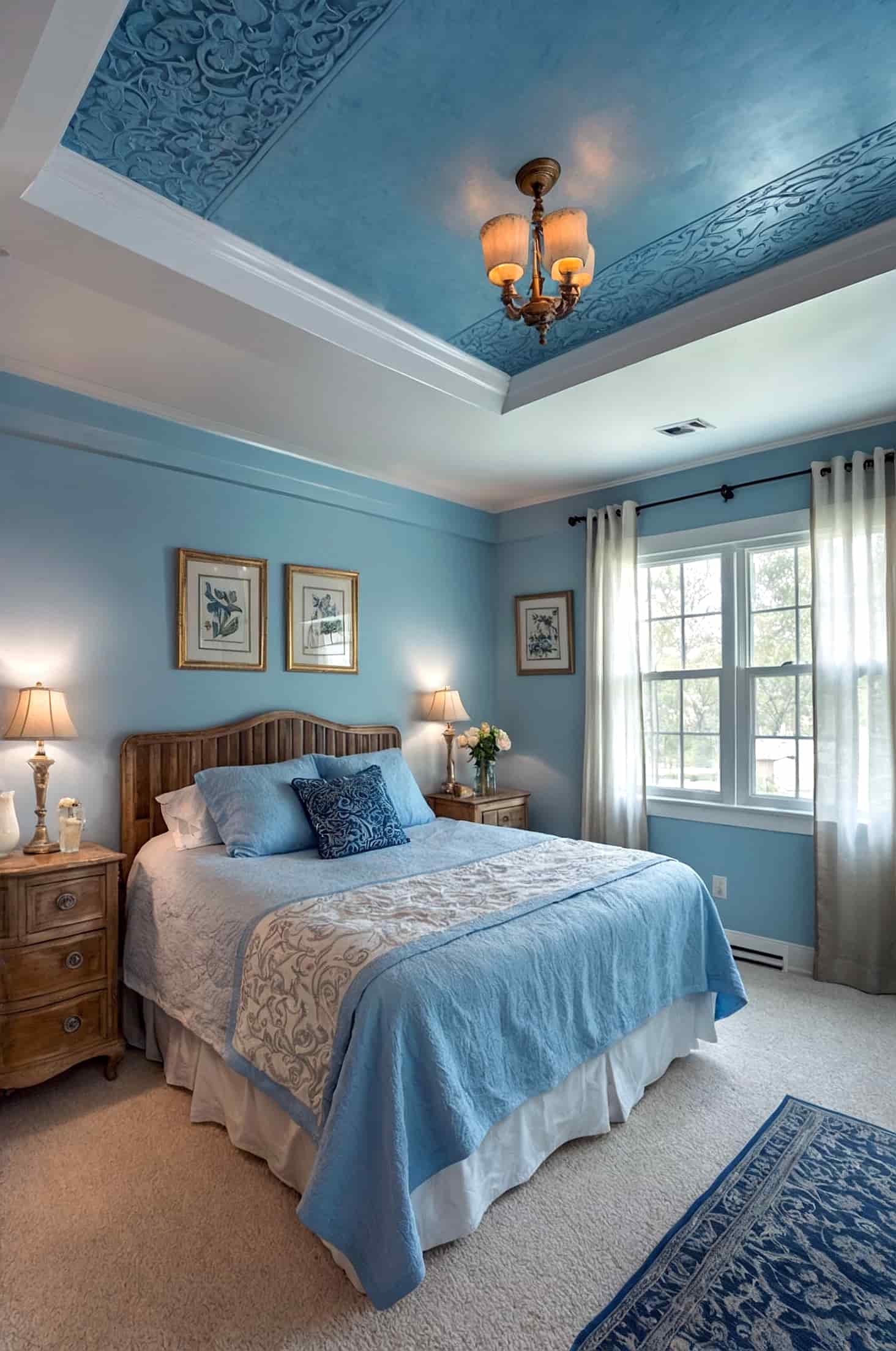 Transform your blue bedroom with a unique artistic ceiling design