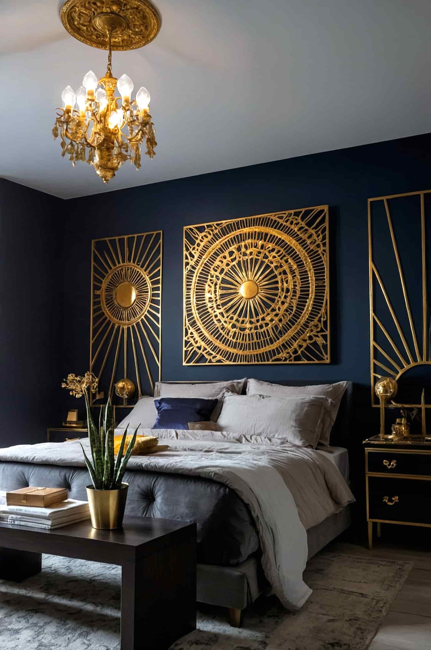 Transform your dark bedroom with elegant gilded wall motifs