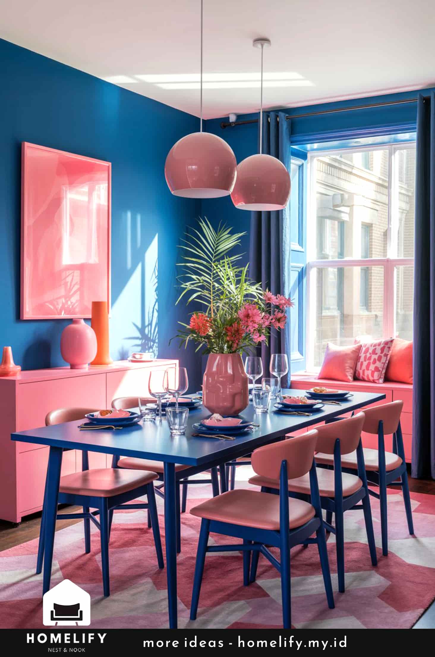 Vibrant dining room with blue & pink accents and modern touches