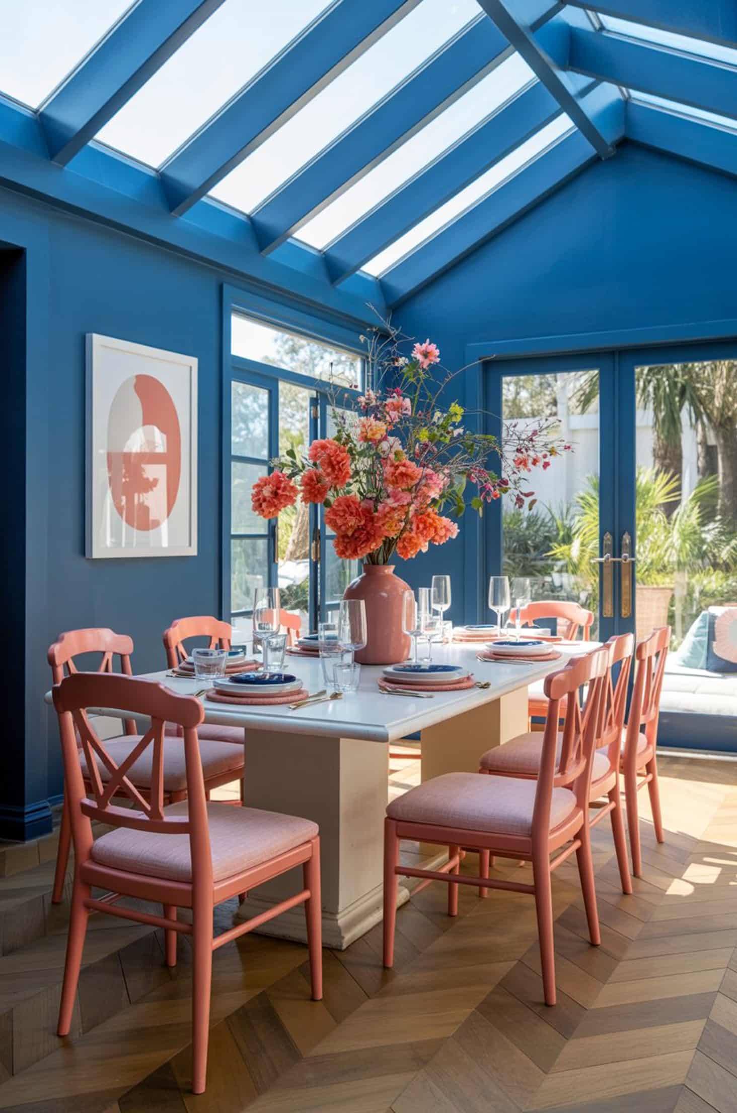 Vibrant dining room with navy & coral hues in a brightly lit space