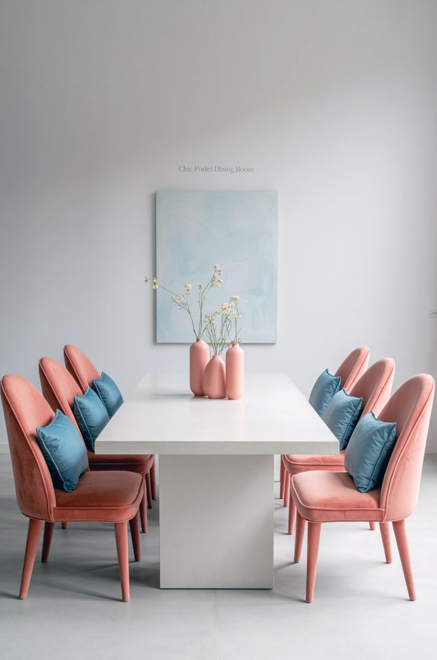 Vibrant pastel dining room with coral chairs and blue accents