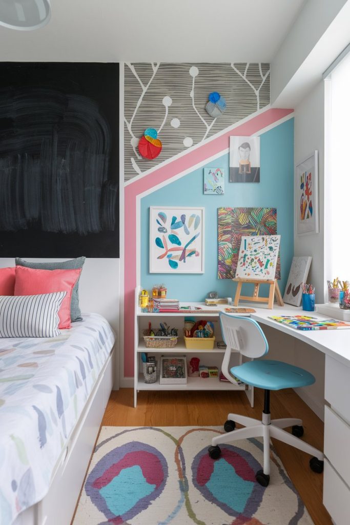 Artistic kids' bedroom chalkboard wall & creative art station