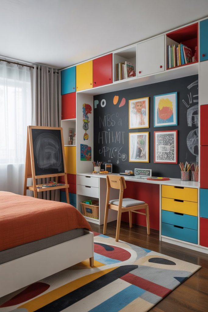 Artistic kids' bedroom vibrant colors & dedicated art space