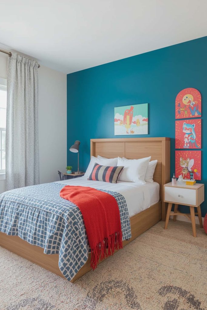 Bright & bold kids' room blue accent wall & vibrant accents