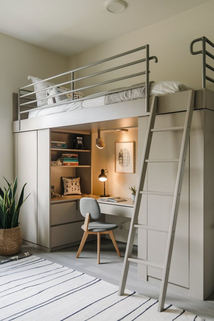 Contemporary kids' room loft bed with integrated study nook