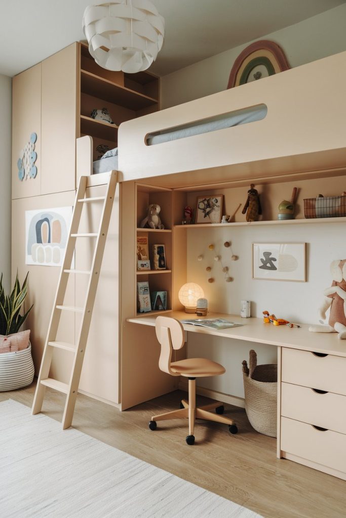 Contemporary kids' room loft bed with seamless functionality