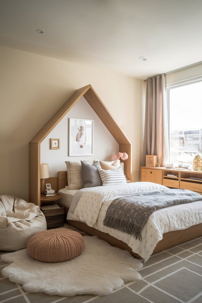Cozy kids' bedroom inviting seating & soft textures