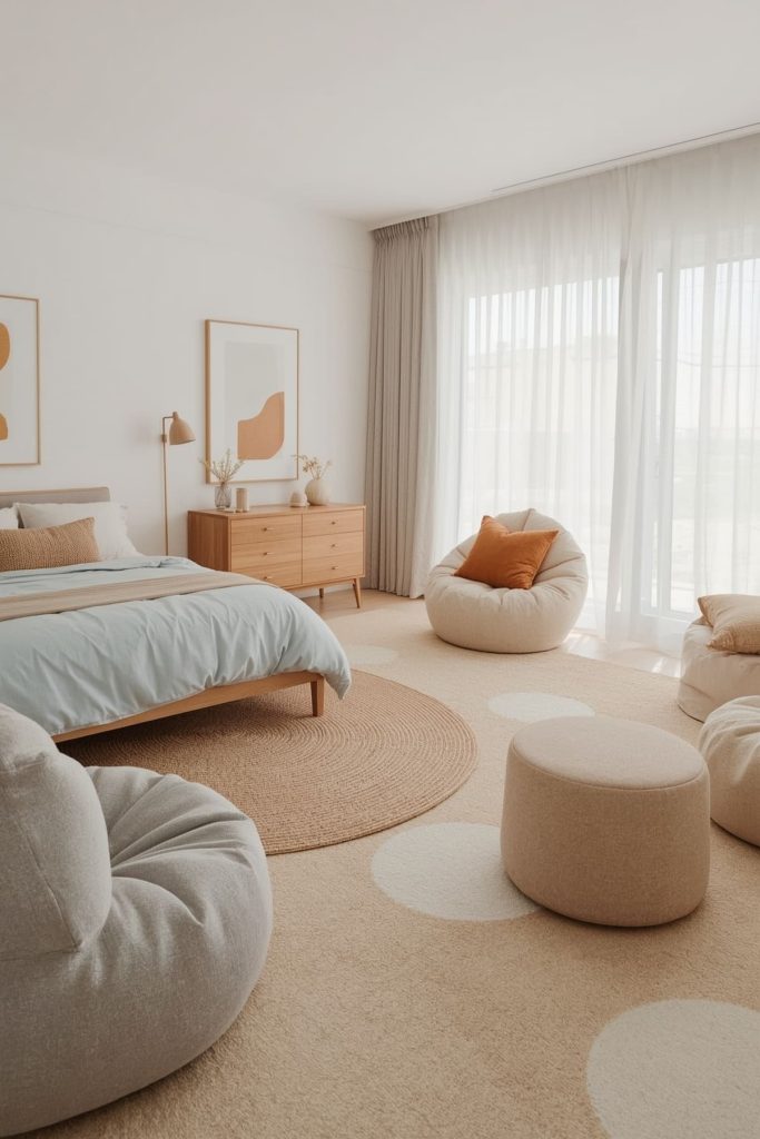 Cozy kids' bedroom plush bedding & floor cushions