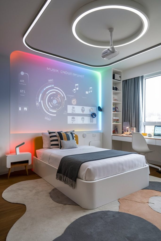 High tech kids' bedroom interactive projections & smart lighting