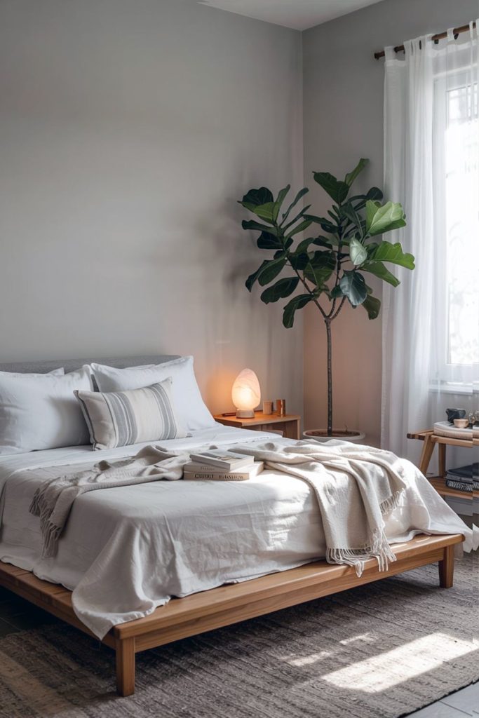 Japandi bedroom calm design with natural elements