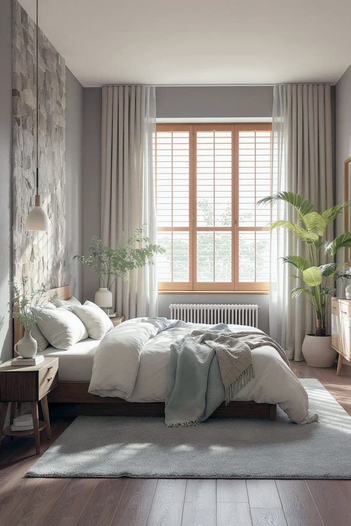 Japandi bedroom calm retreat with stone texture & soft hues