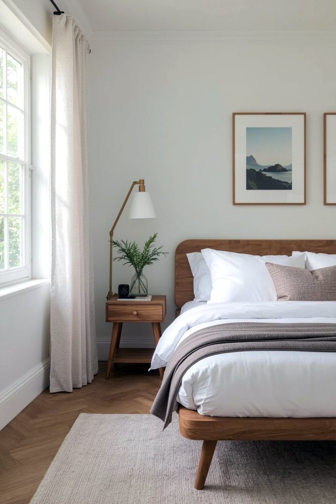 Japandi bedroom calming grays & wood warmth