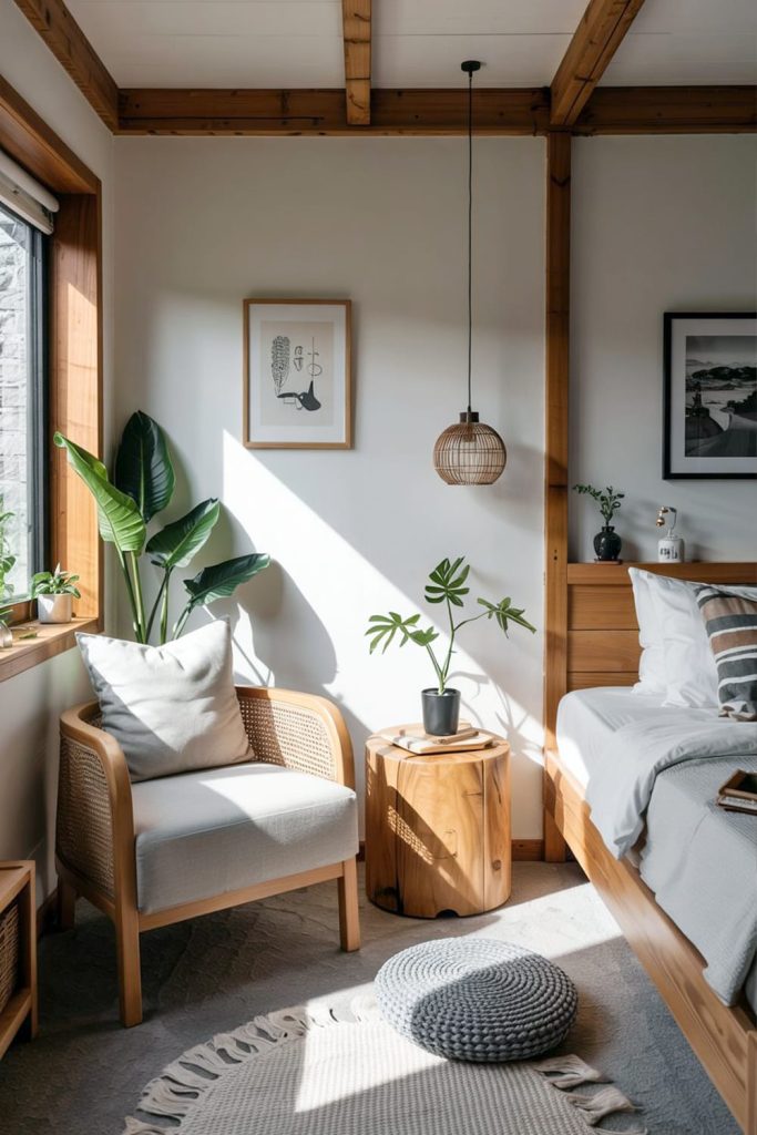 Japandi bedroom corner cozy armchair & natural elements