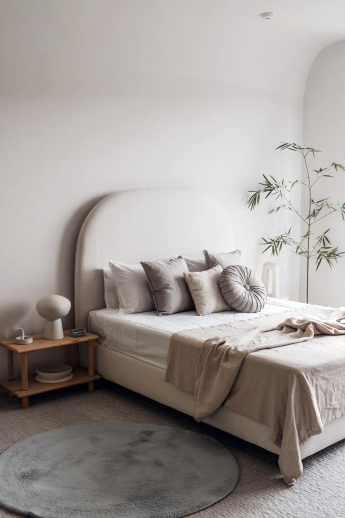 Japandi bedroom curving bed frame & organic shapes