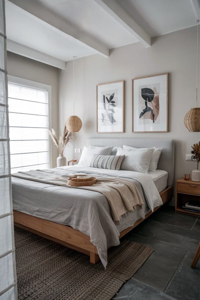 Japandi bedroom light palette & statement lighting