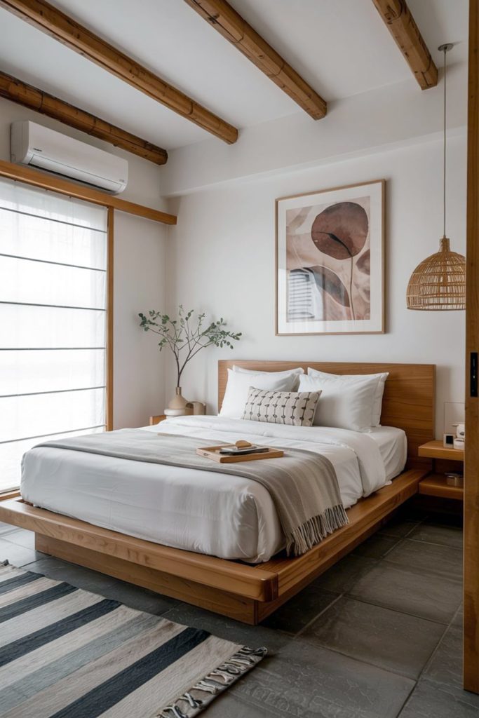 Japandi bedroom minimalist wooden bed & serene style