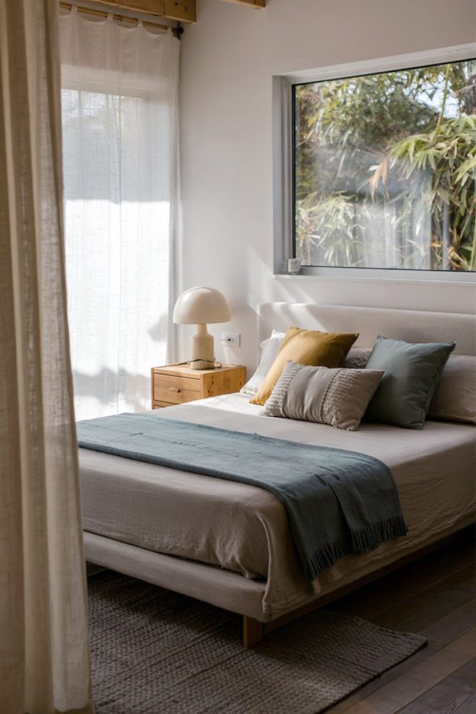 Japandi bedroom muted blues for inviting serenity