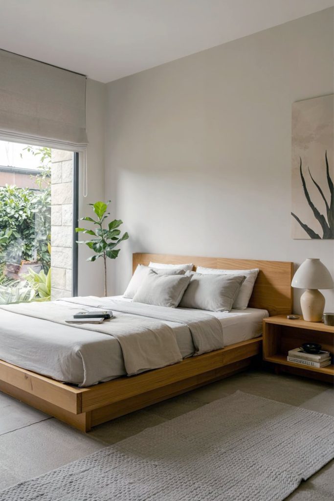 Japandi bedroom natural wood & uncluttered serenity