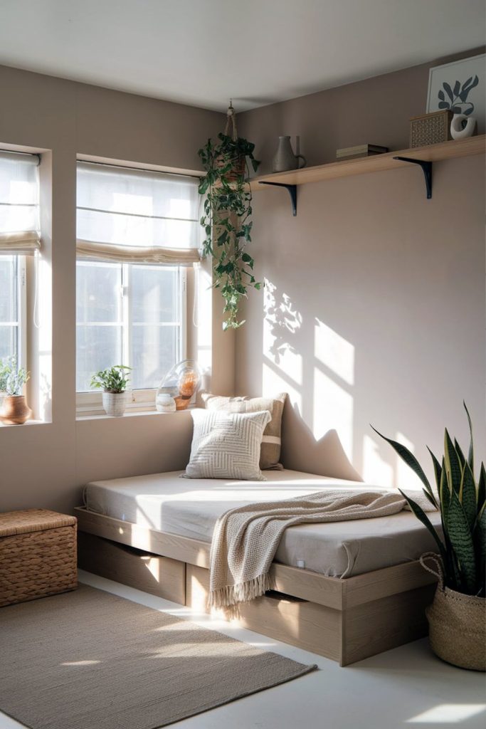 Japandi bedroom neutral foundation for visual quietness