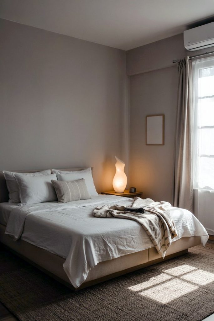 Japandi bedroom relaxing environment with soft gray tones