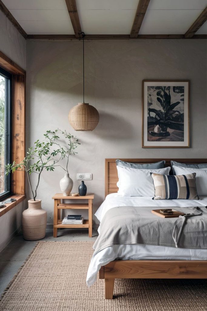 Japandi bedroom wooden elements & serene focus