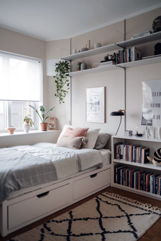 Japandi micro bedroom smart storage & floating shelves