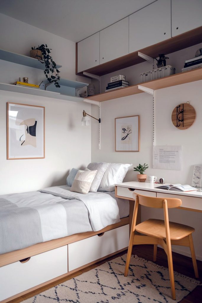 Japandi micro bedroom work from bedroom & smart shelving