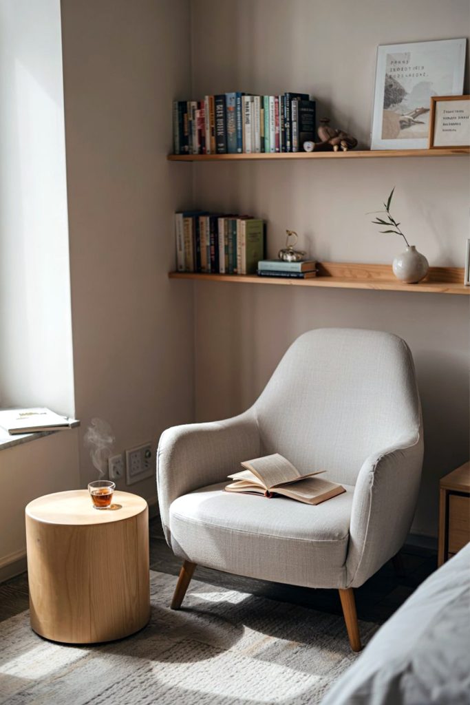 Japandi reading nook serene corner with minimalist shelves