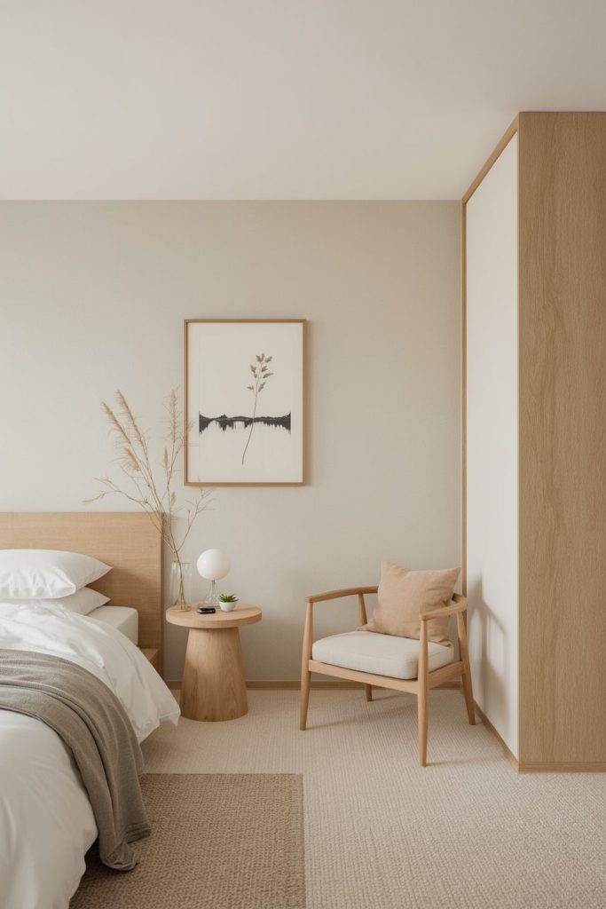 Japandi small bedroom balance & unified elements for harmony