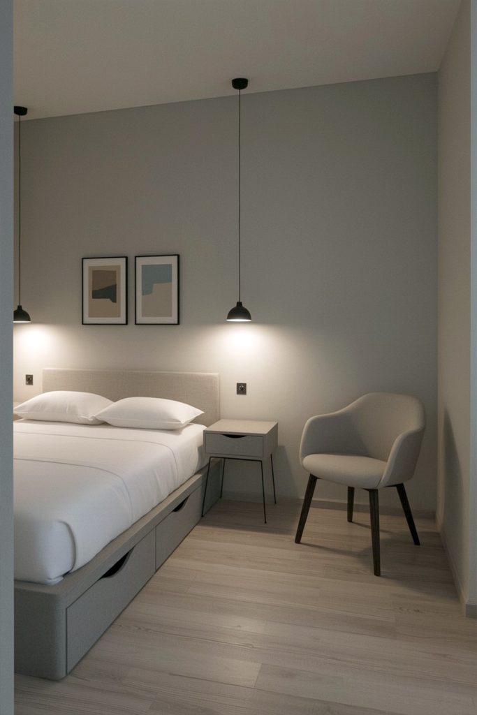 Japandi small bedroom calm & compact with built in drawers