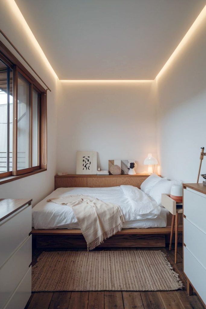 Japandi small bedroom calming ambient lighting design