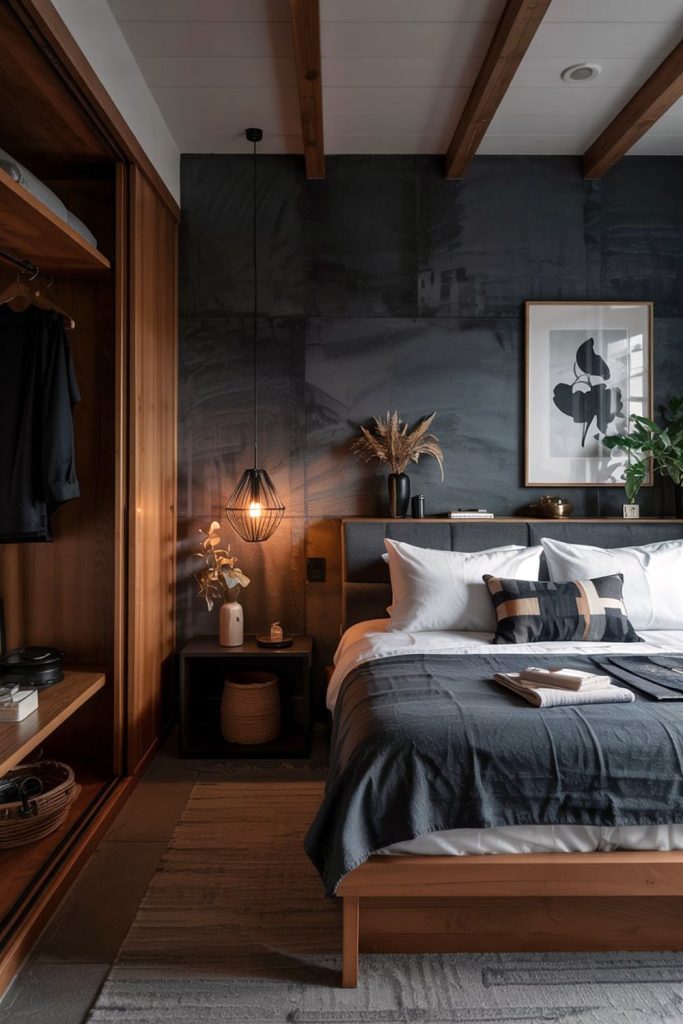 Japandi small bedroom charcoal depth & rustic warmth
