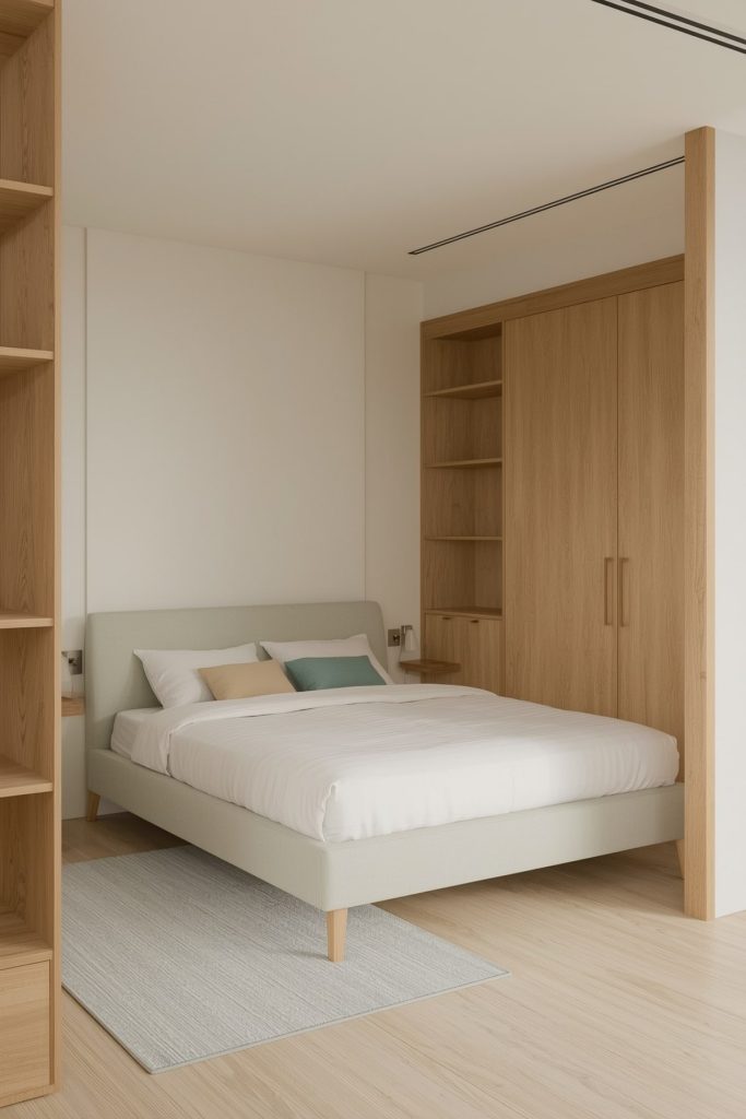 Japandi small bedroom clean design & neutral palette