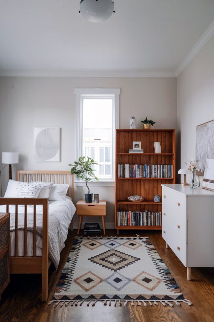 Japandi small bedroom clean lines & bookish charm