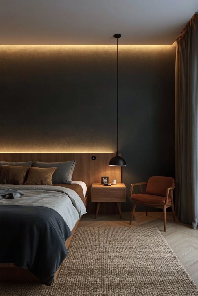 Japandi small bedroom deep hues & ambient glow retreat
