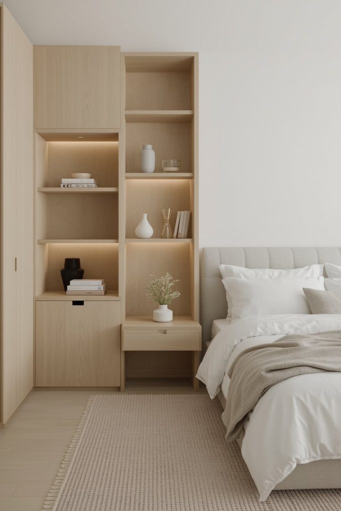Japandi small bedroom functional shelving & chic rest