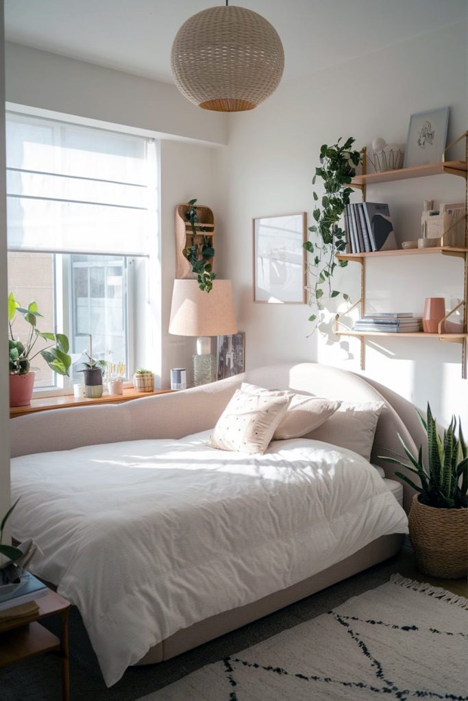Japandi small bedroom gentle curves for a restful space