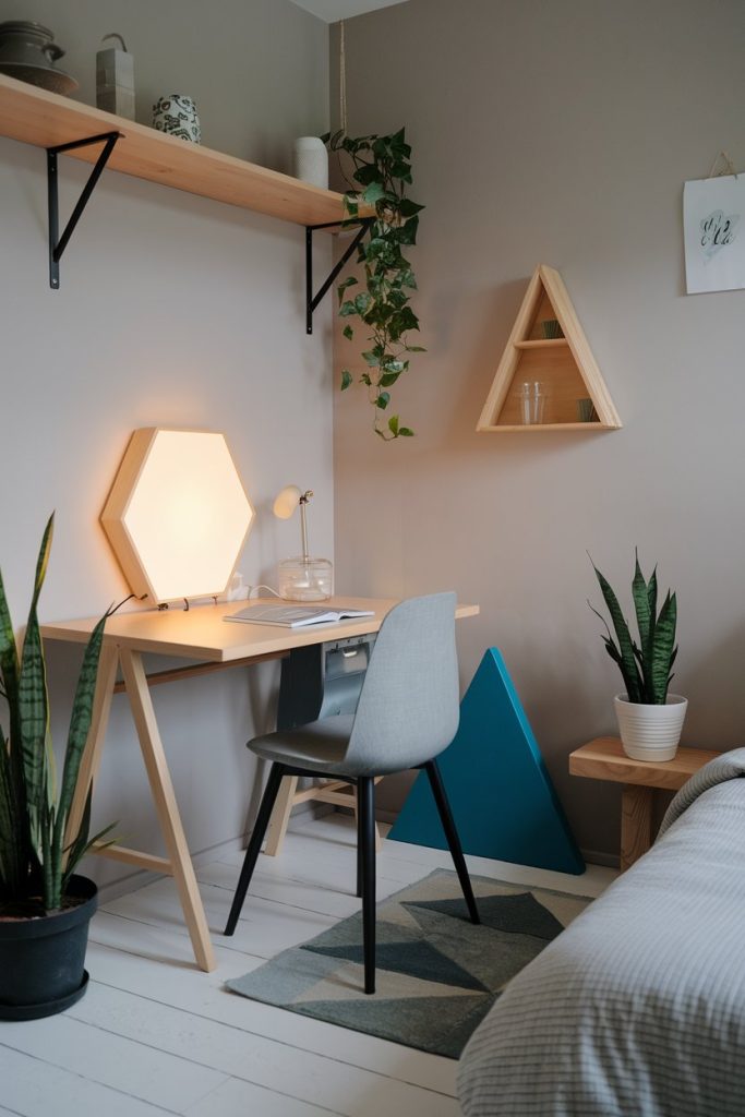 Japandi small bedroom geometric lamp & functional aesthetics