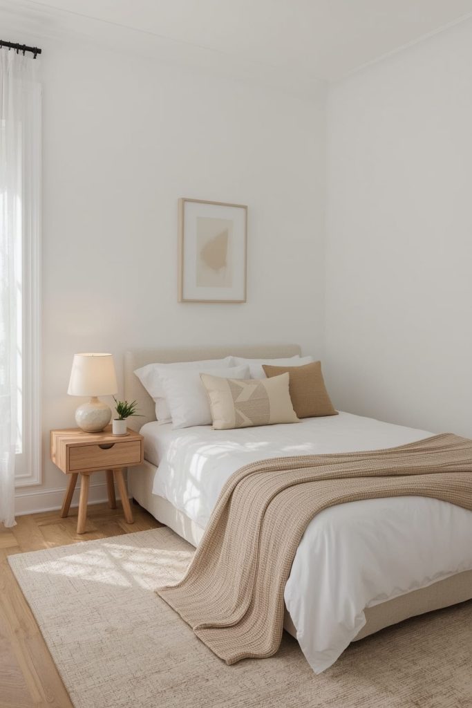 Japandi small bedroom geometric textiles & soothing atmosphere