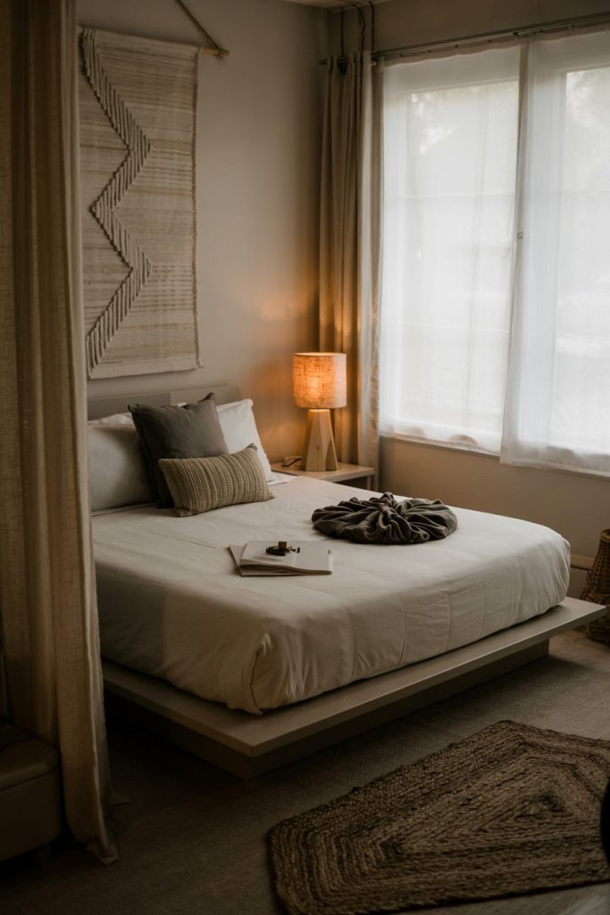 Japandi small bedroom geometric wall art & soothing textures