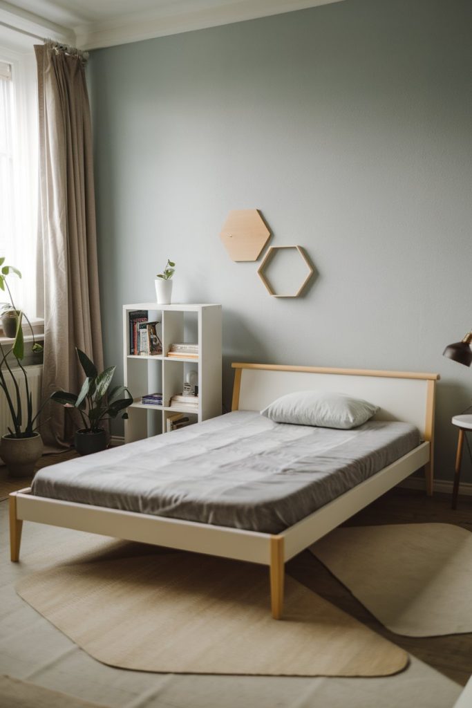 Japandi small bedroom hexagonal decor & peaceful design
