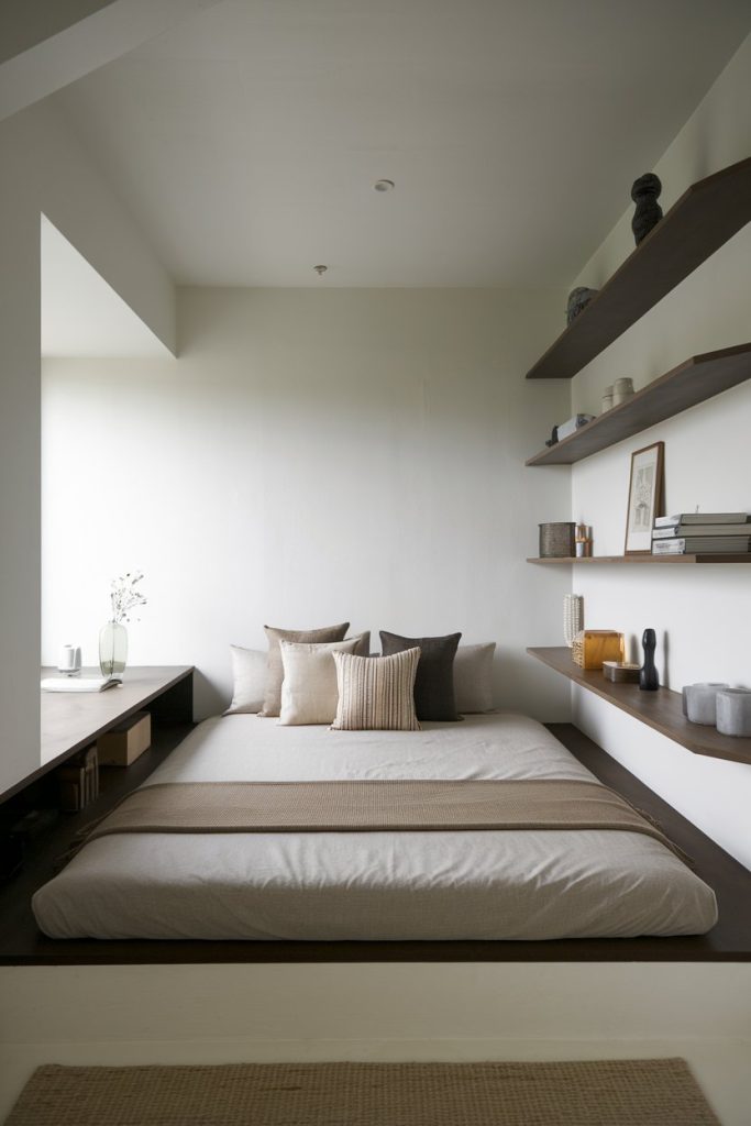 Japandi small bedroom low profile bed & restful chic