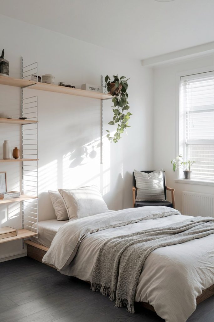 Japandi small bedroom monochromatic elegance & texture