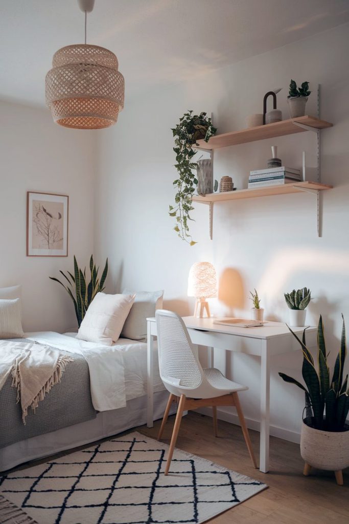 Japandi small bedroom natural materials & soft ambiance lighting