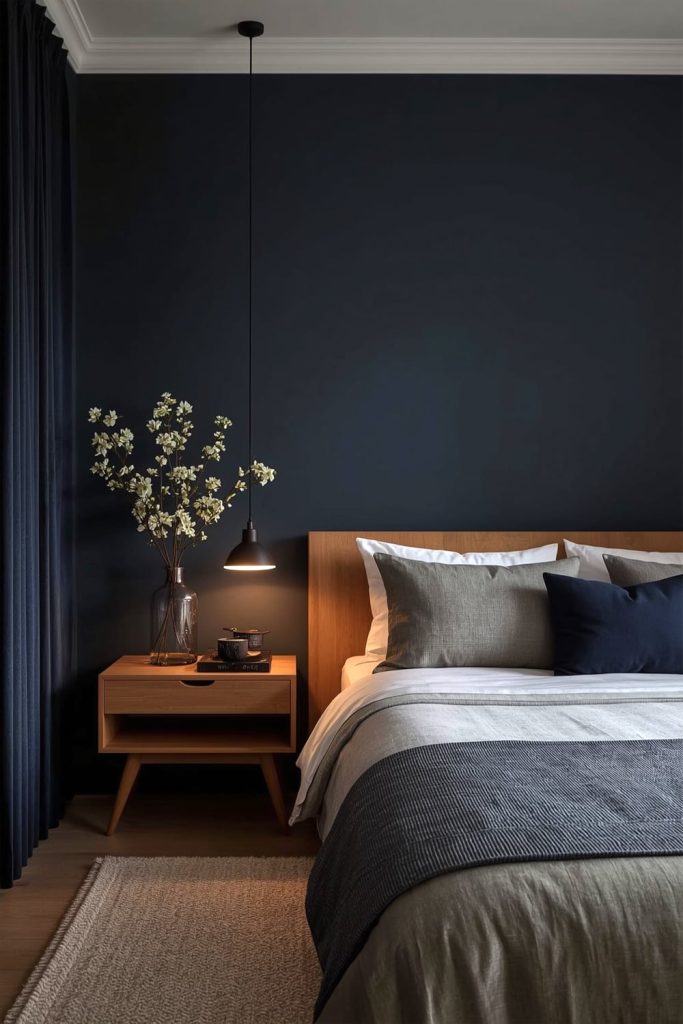 Japandi small bedroom navy blue wall & striking contrast