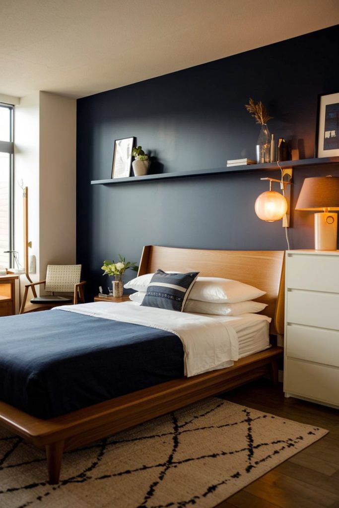 Japandi small bedroom navy & white contrast for serenity