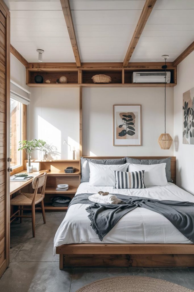 Japandi small bedroom openness & essential storage